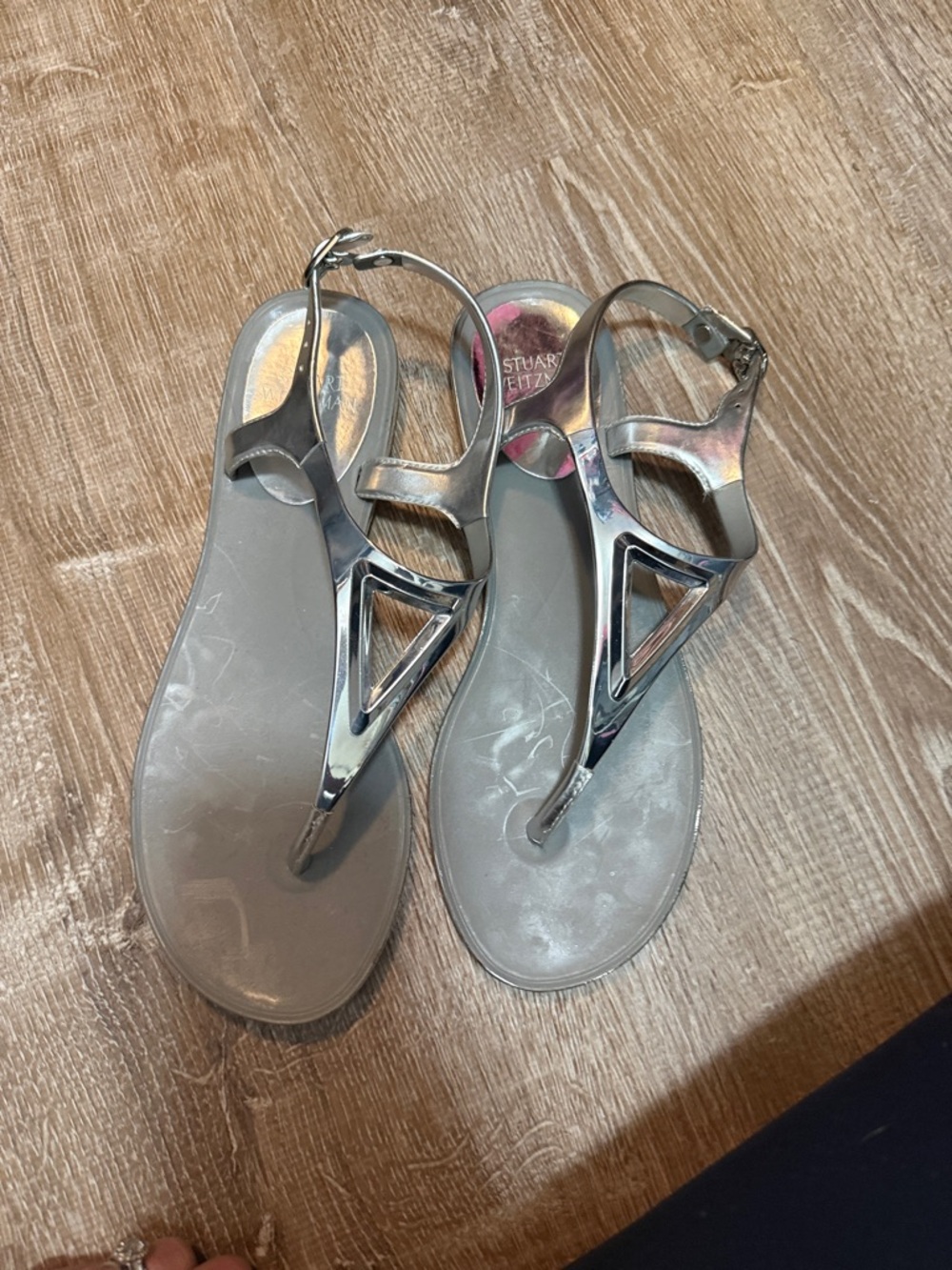 Stuart Weitzman Silver Metallic Geometric T-Strap Sandals - Picture 2 of 3
